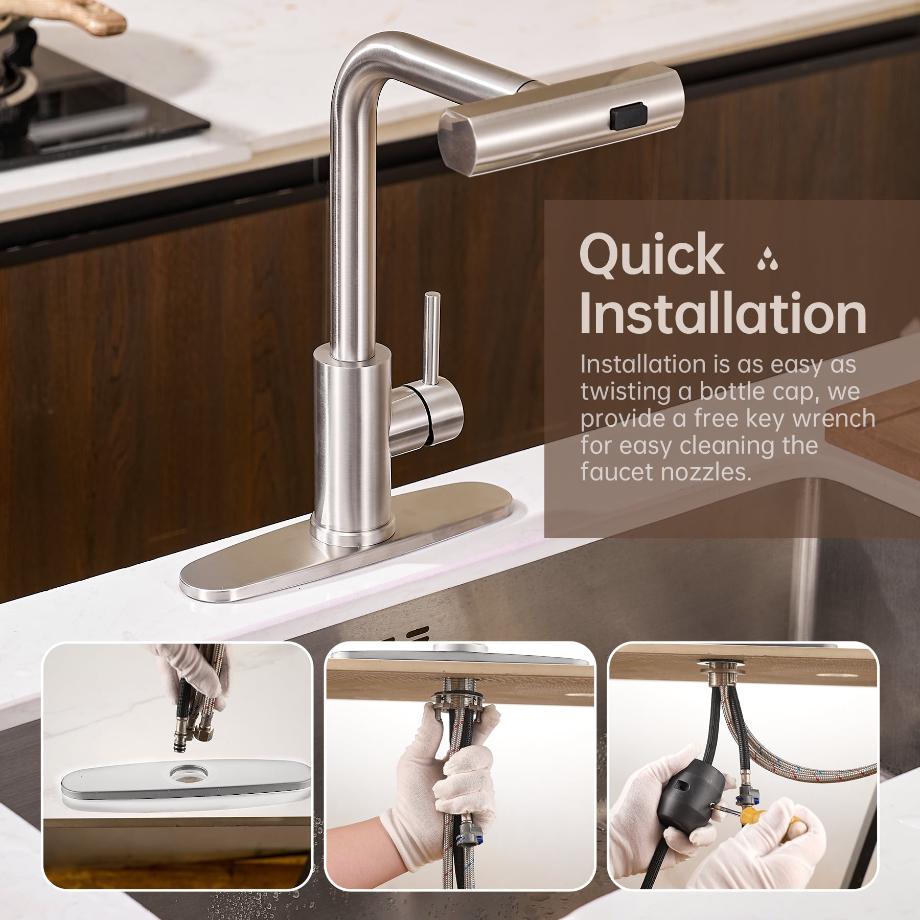 Kitchen Faucet with Pull Down Sprayer, Brushed Nickel Waterfall Single Hole Handle Stainless Steel Kitchen Sink Faucets,
