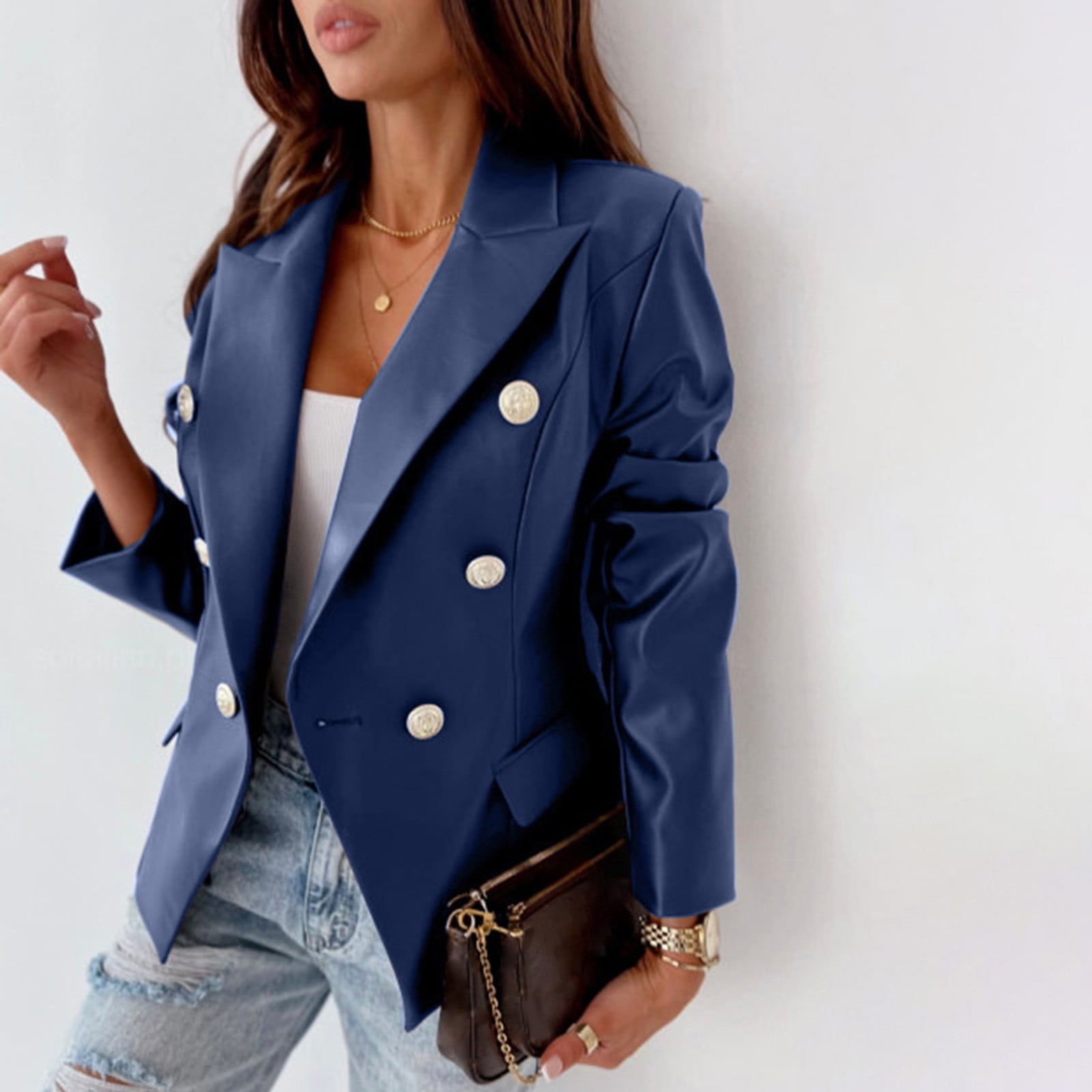 Brnmxoke Double Breasted Buttons Faux Leather Blazer Women Long Sleeve Coat Notch Collar Leather Jacket Women