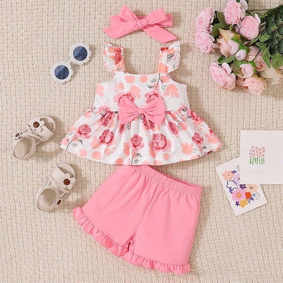 SONGGE Toddlers Kids Girl Clothes Floral Prints Tops Shorts Hanirband 3Pcs Outfit Sets Back To School Trendy Clothes Sets