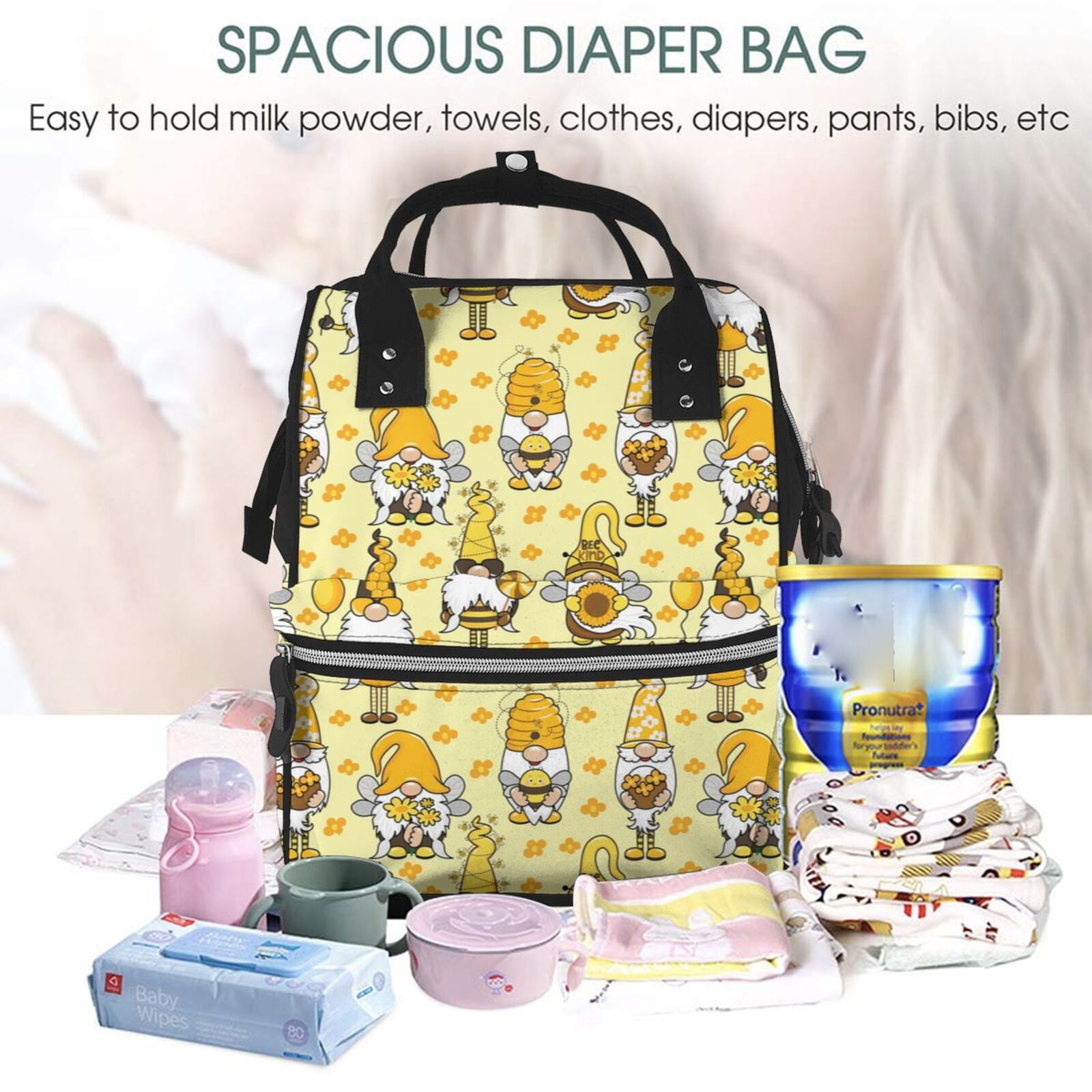 Ratiio Garden Honeybee Gnomes Mummy Backpack - Waterproof Twill Canvas, Large Capacity Diaper Bag with Multiple Pockets and Adjustable Straps