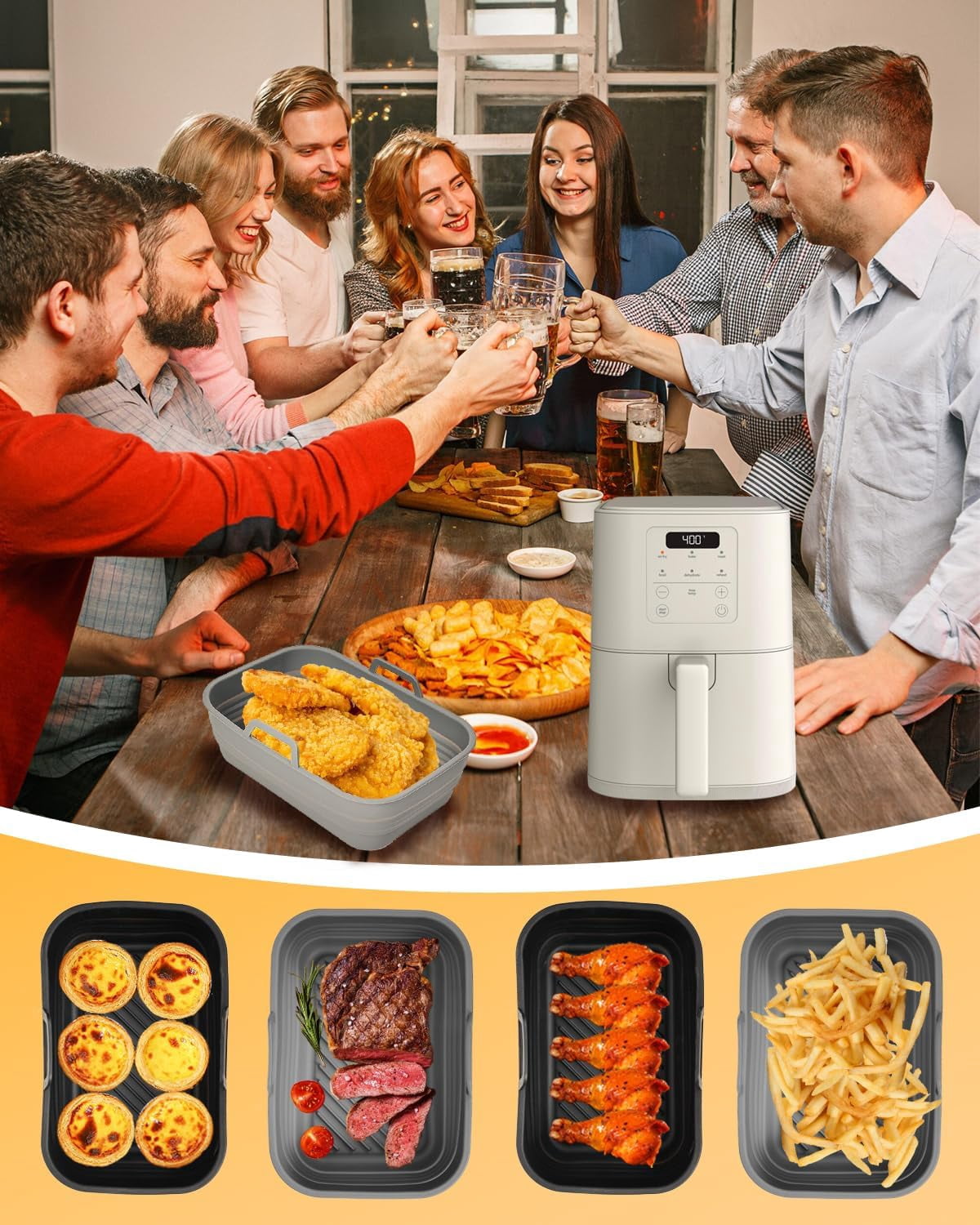 Neighborly Nook Air Fryer Silicone Liners Collapsible 2-Pack for bella 4Qt(3.3lb) Slim Air Fryer, Reusable Airfryer Silicone Pot Baking Basket Insert Accessories, Non Stick, Easy Cleaning, Gray+Black
