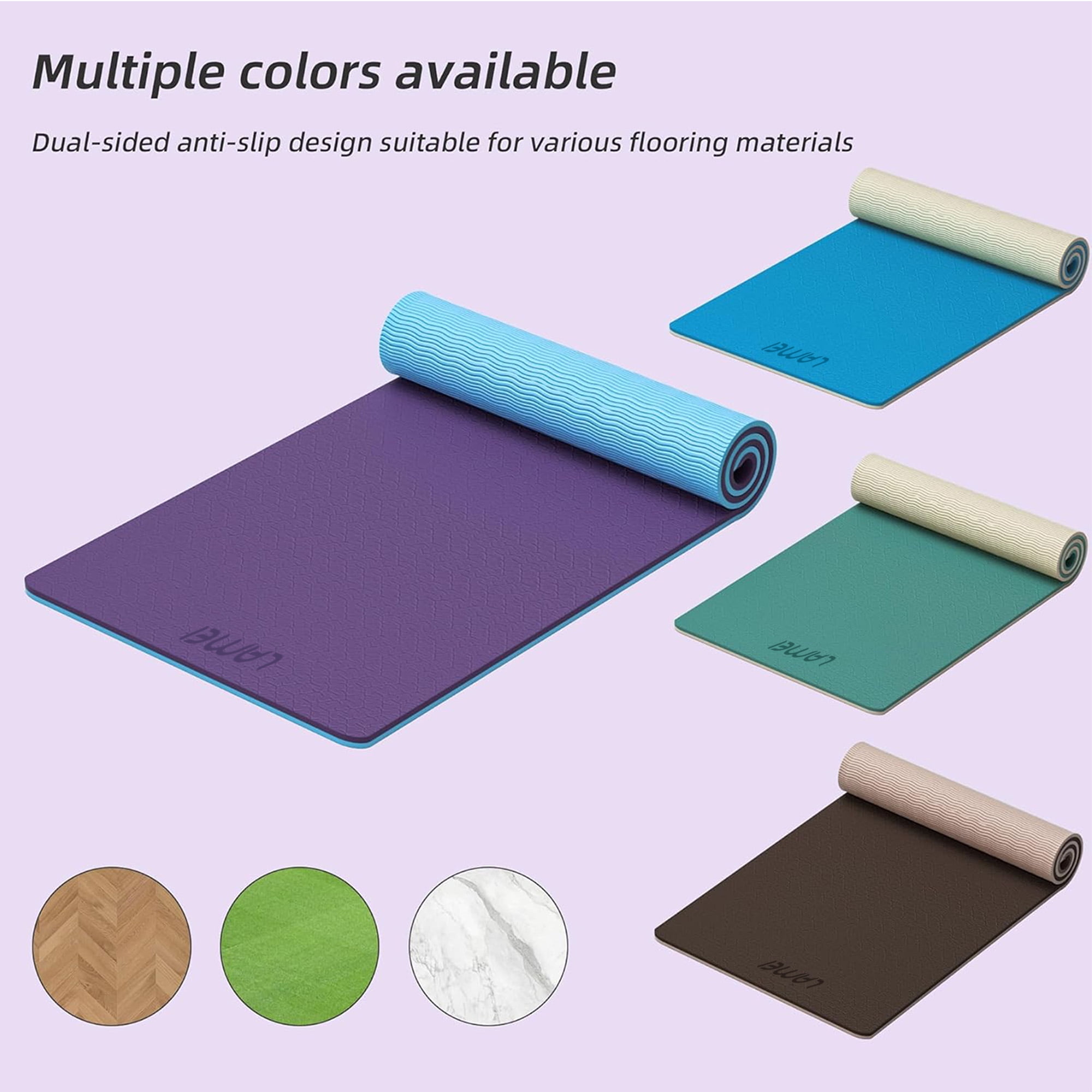 LAMEI Yoga Mat Thick 10mm, 31.5" Extra Wide for Men and Women, Non-Slip TPE Exercise Matt, Two Tone Fitness Mats with Straps for Carrying(Purple+Blue)