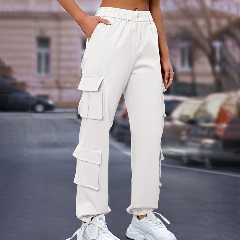 Womens Cotton Cargo Pants with Multi Pockets Drawstring