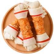Pawmate Teething Stick Dog Treats, Chicken Wrap 6.5" Knotted Bones, Chewy Snack for Large Dogs, 4 Count