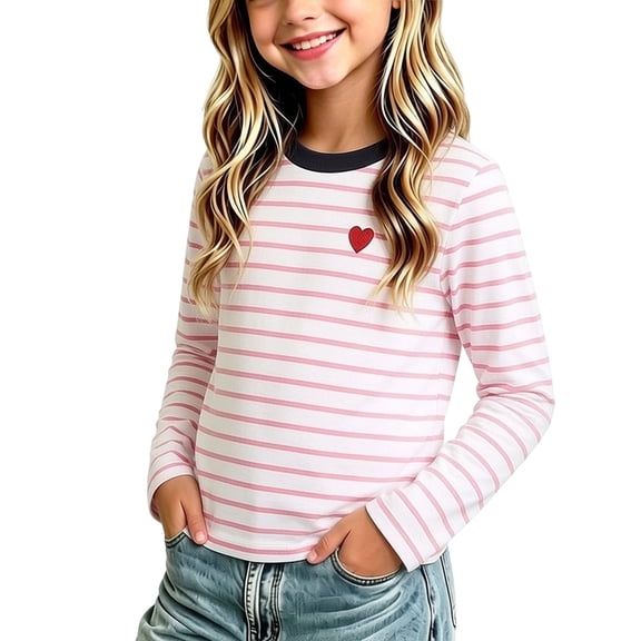 hotojiny Girls Boys Long Sleeve Shirts Casual Crewneck Heart Striped Tees Soft Cute Teen Loose Shirts for Children(Pink,1-2 Years)