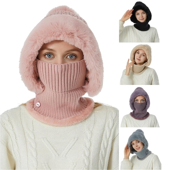 XIAOCHA Women’S Fur‑Trim Earflap Neck‑Gaiter Set Solid Hats Outdoor Fall‑Winter Bonnet,Pink