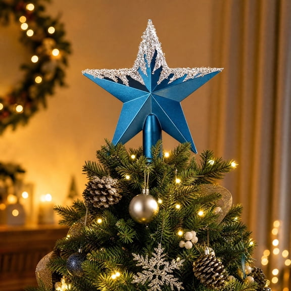 5 Pointed Christmas Tree Topper Star, Blue Painted Top Ornament for Xmas Tree, Mantel and Holiday Party, Shatter Resistant, Easy Installation