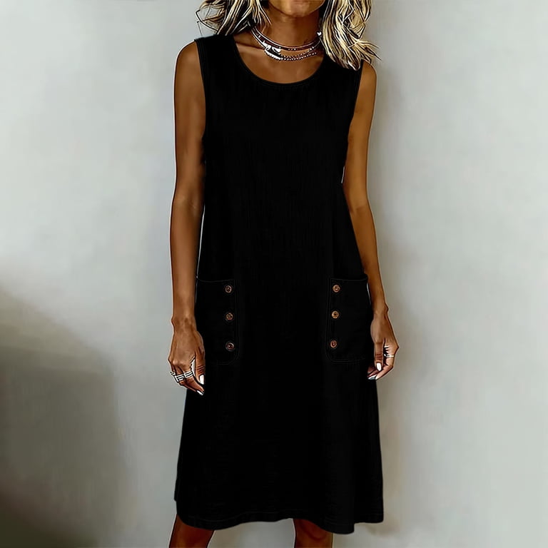 knee length dress with side slits Oksale Tank for Women Trendy Slit Dresses Pockets Lightweight Casual Round Neck Summer Dress for Vacation Black L, Women's Season:CLASSIC