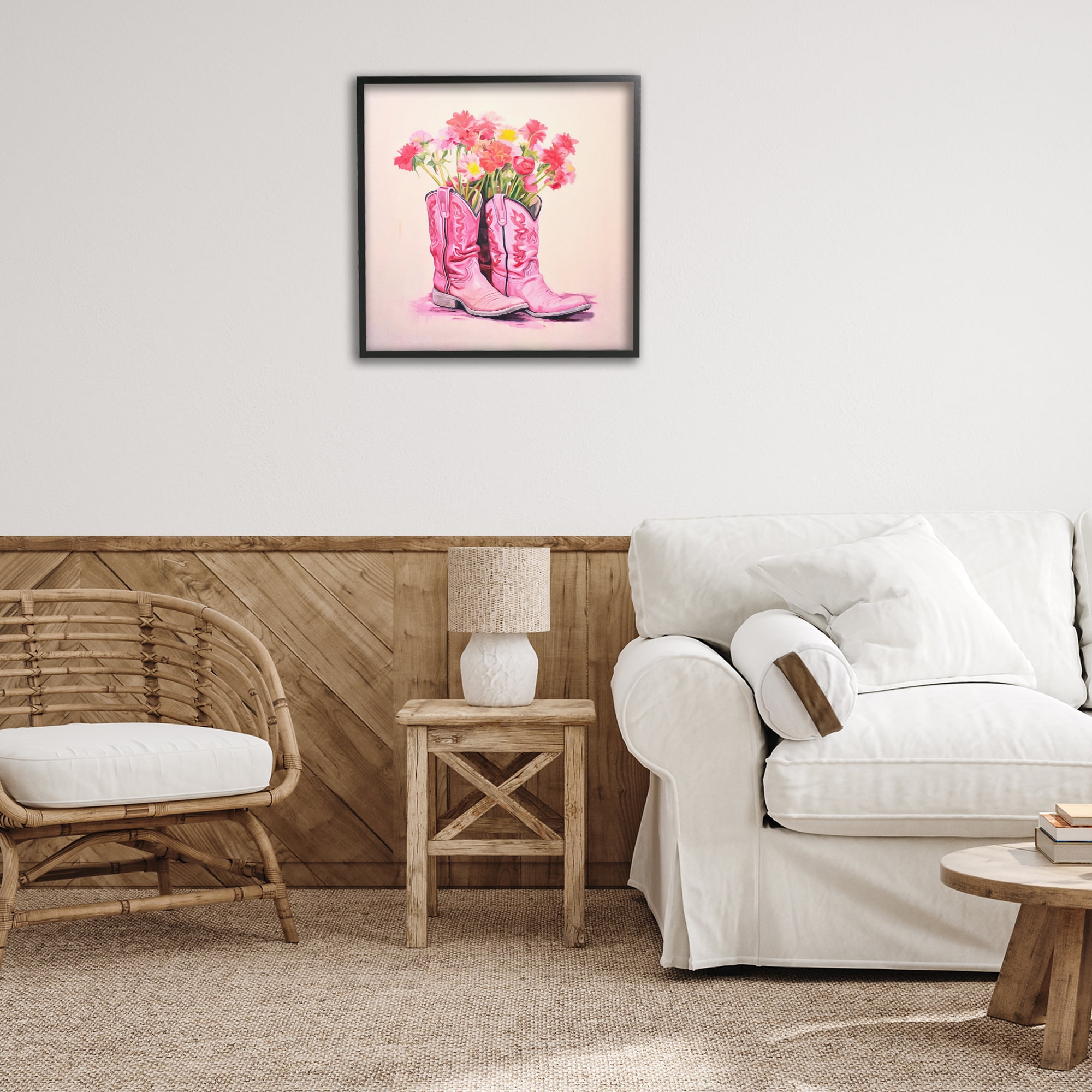 Stupell Industries Pink Blossom Boots Botanical & Floral Painting Black Framed Art Print Wall Art, 24 x 24