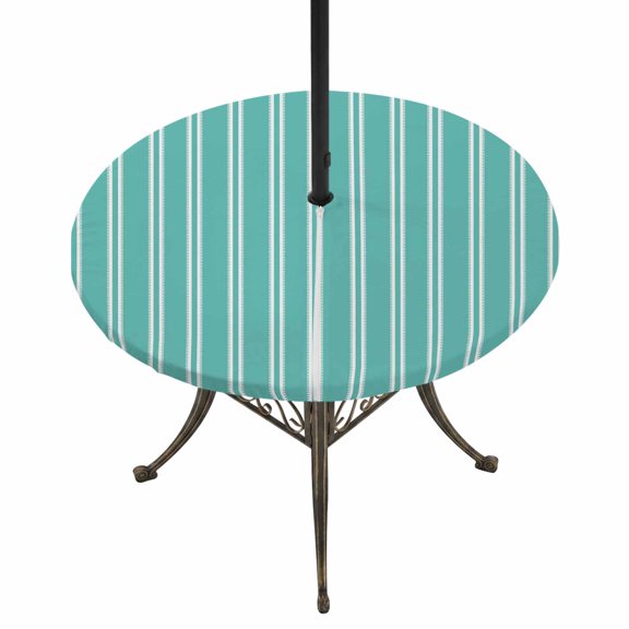 Outdoor Tablecloth with Umbrella Hole and Zipper Turquoise Vertical Striped Round Fitted Table Cover with Elastic Waterproof Pinstripes Lines Patio Tablecloths for Picnic BBQS Garden Fit 55"-60"