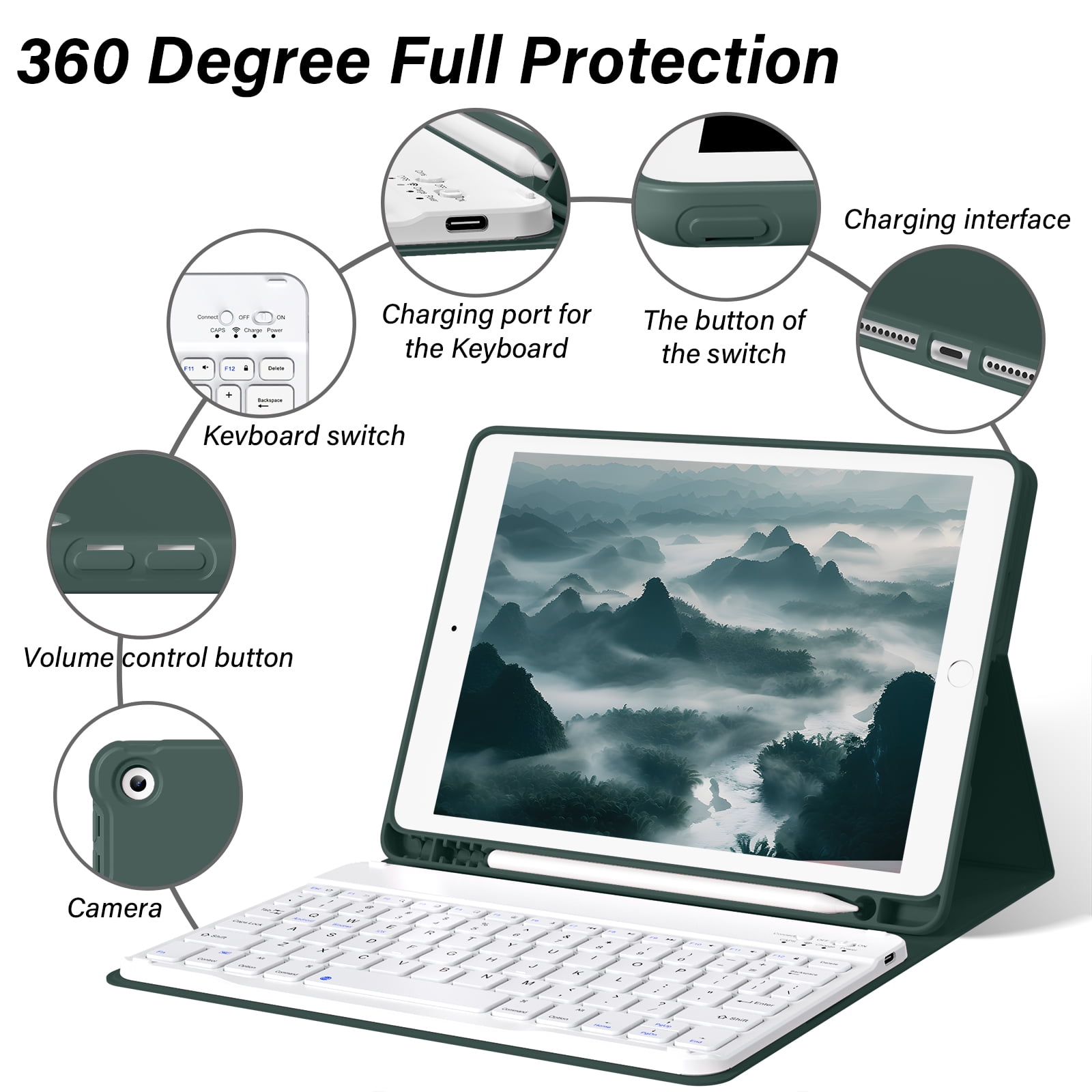 KenKe Keyboard Case for iPad 9th Generation 2021/8th Gen 2020/7th Gen 2019 10.2 Inch, Detachable Wireless Bluetooth Keyboard, Stand Folio Keyboard Cover with Pencil Holder, Auto Sleep/Wake, Dark Green