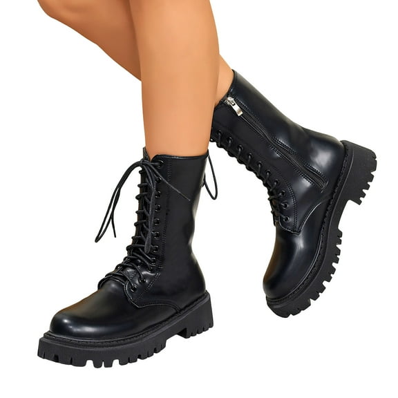Womens Mid Calf Combat Boots Fashion Platform Lace Up Fall Booties Wide Toe Box Non Slip Riding Boots