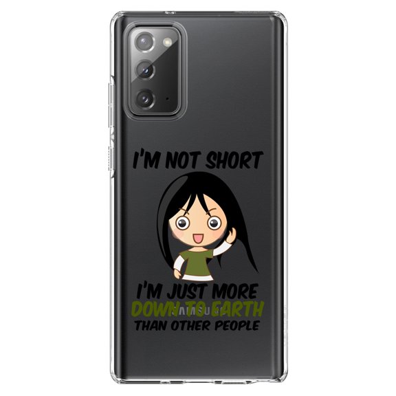 DistinctInk Clear Shockproof Hybrid Case for Samsung Galaxy Note 20 (6.7" Screen) - TPU Bumper Acrylic Back Tempered Glass Screen Protector - I'm Not Short I'm Just More Down to Earth