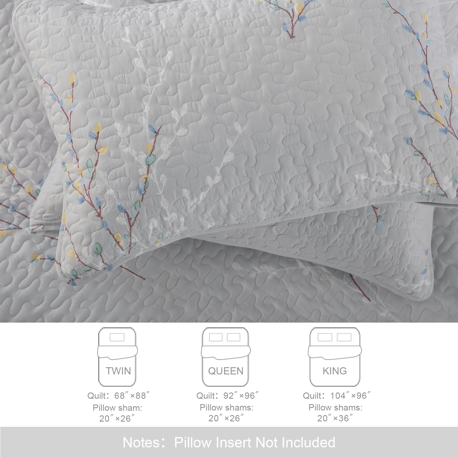 Exclusivo Mezcla Microfiber Twin Size Quilt Set, 2 Pieces Lightweight Bedspreads/ Coverlet/ Bedding Set with 1 Pillow Sham, Floral Branches Pattern (68"x 88", Gray)