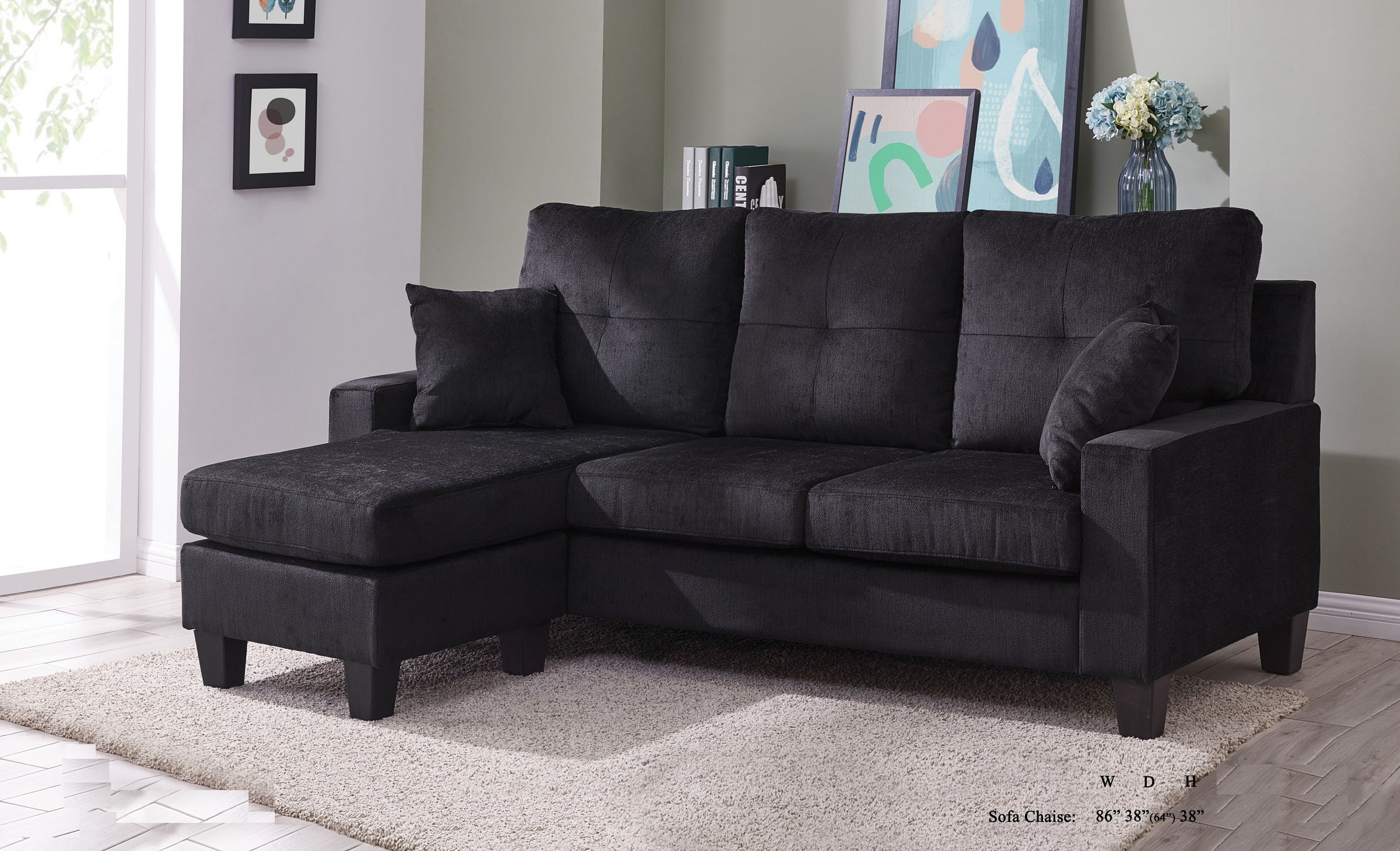 Sectional Sofa Set Black Fabric Tufted Cushion Sofa Chaise Small Space