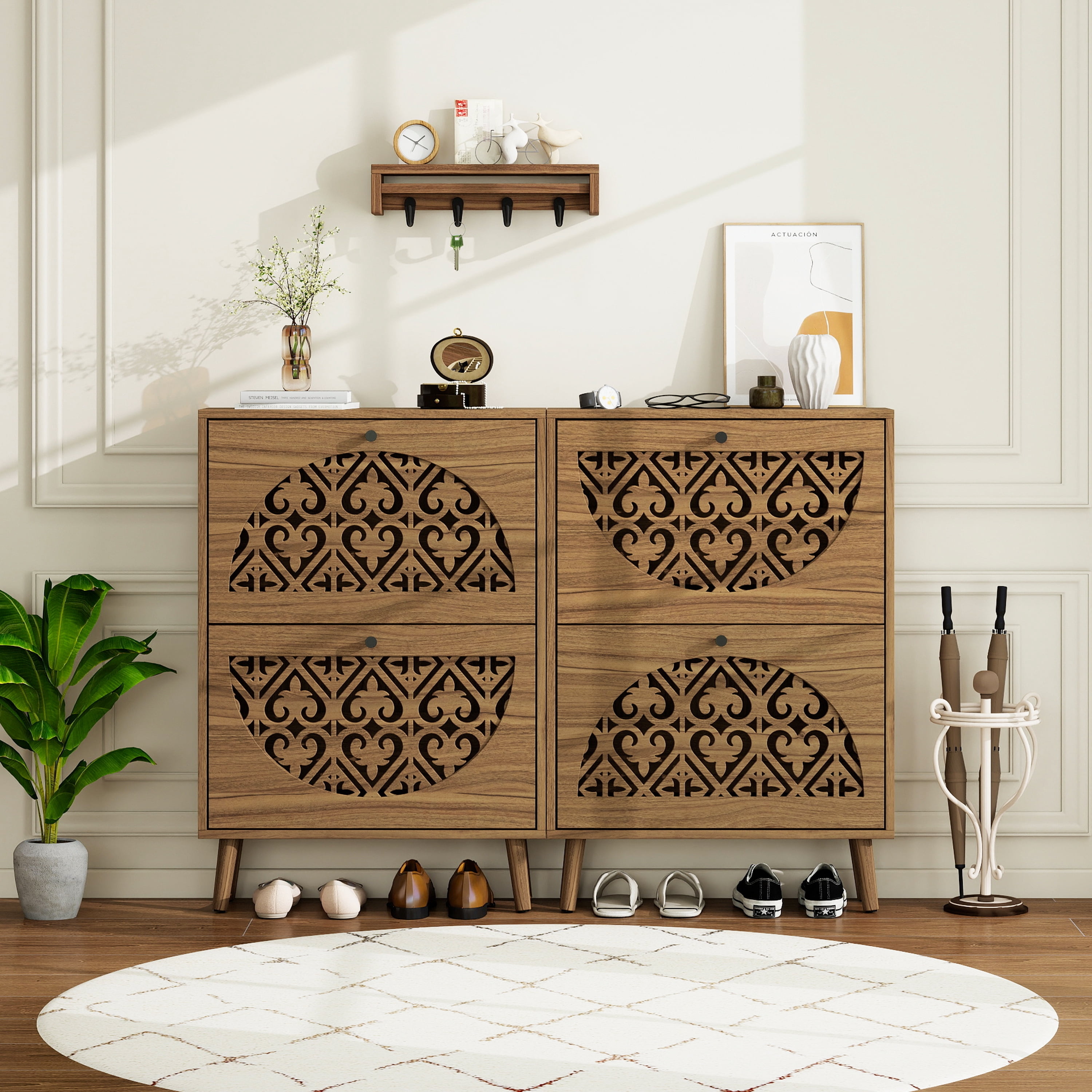 Japandi Narrow Shoe Cabinet with 2 Flip Drawers and Carved Floral Pattern, Wooden Shoe Storage Organizer for Entryway and Hallway, Walnut Brown