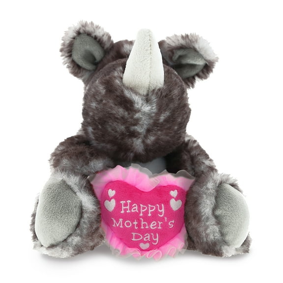 DolliBu Happy Mother's Day Super Soft Plush Sitting Brown Rhino Figure - Cute Stuffed Animal with Pink Heart Message for Best Mommy, Grandma, Wife, Daughter - Cute Wild Life Plush Toy Gift - 5.5" Inch