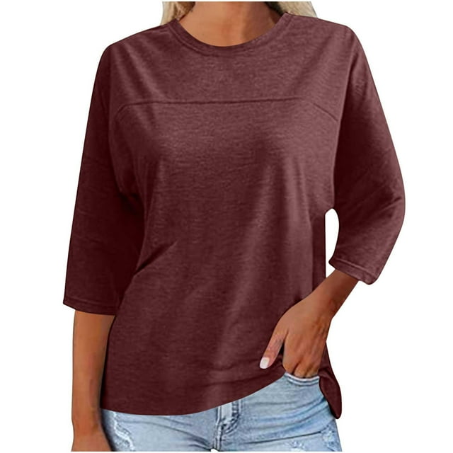 Timegard 3/4 Sleeve Tops for Women Crew Neck Solid Color Comfy Top Fall Casual Loose Tops Basic Tee