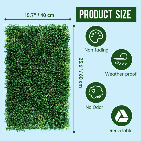 24-Pack Artificial Grass Wall Panels - 100% PE, 1.6" Thick, Sun-Proof Non-Fading, Easy Install for Indoor/Outdoor Privacy