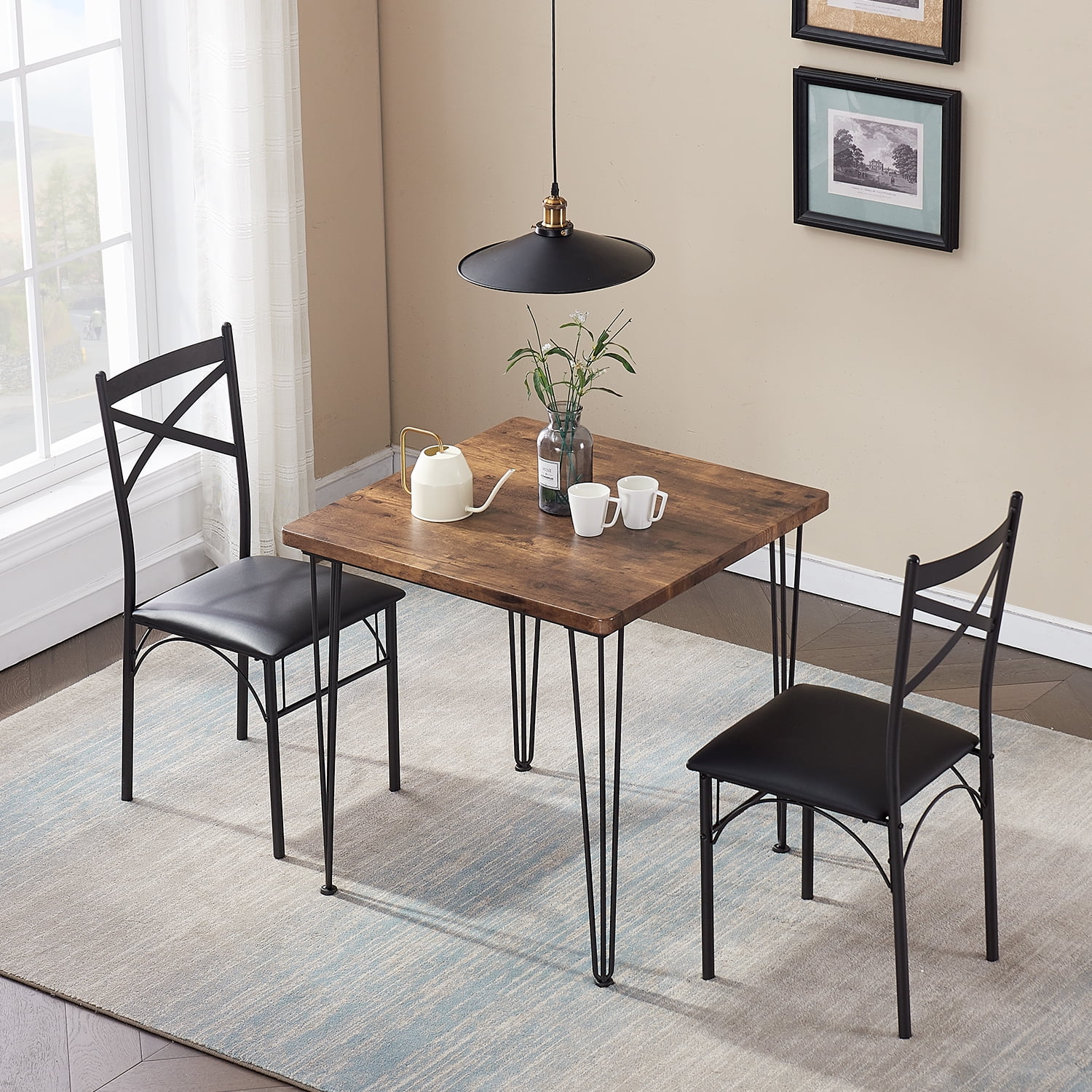 VECELO 3-Piece Wood&Metal Dining Table Set Dining Room Table with 4