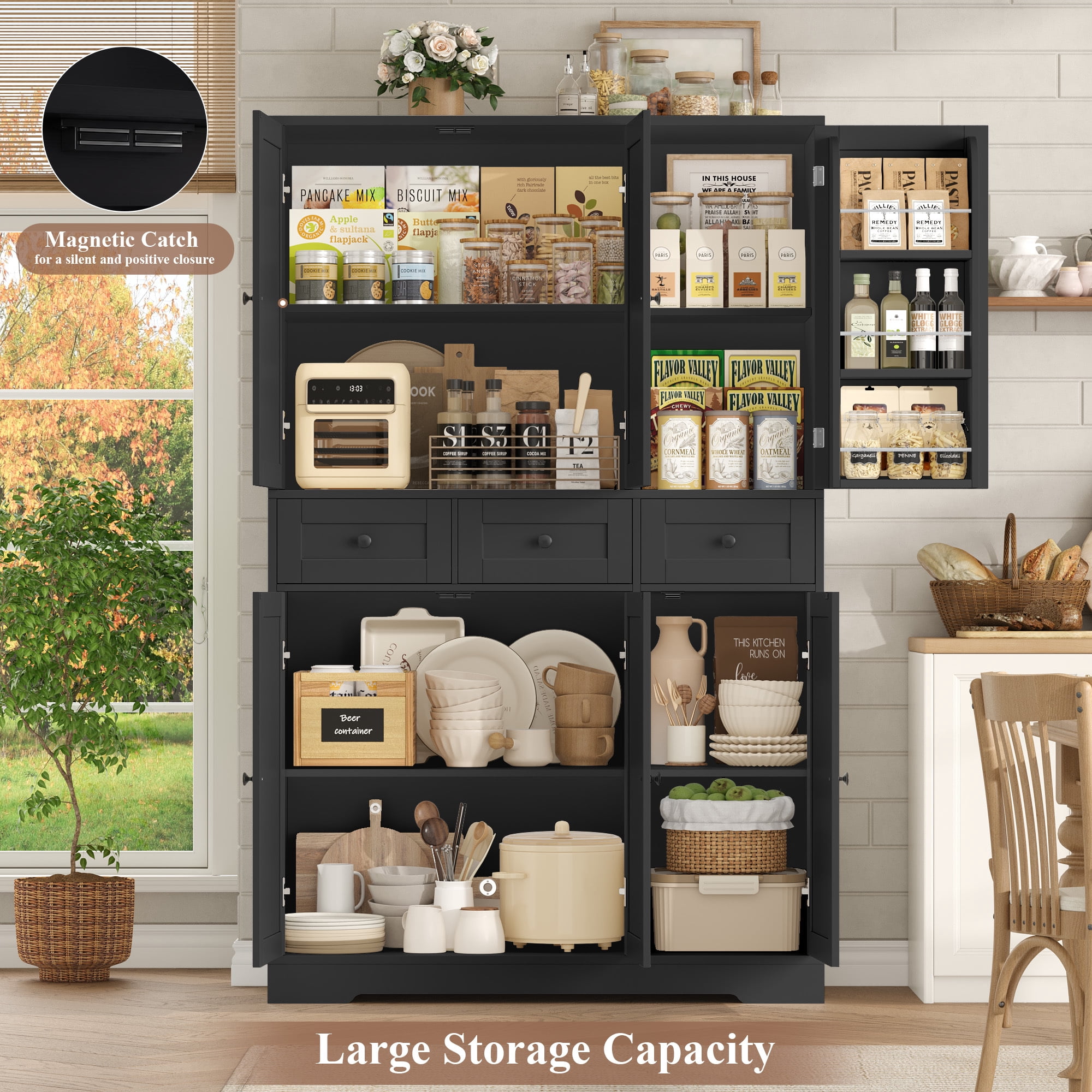 Hiphuta 67" Tall Farmhouse Kitchen Pantry Storage Cabinet with Door Shelves, 43" Wide Large Cupboard Hutch with 3 Drawers, Black