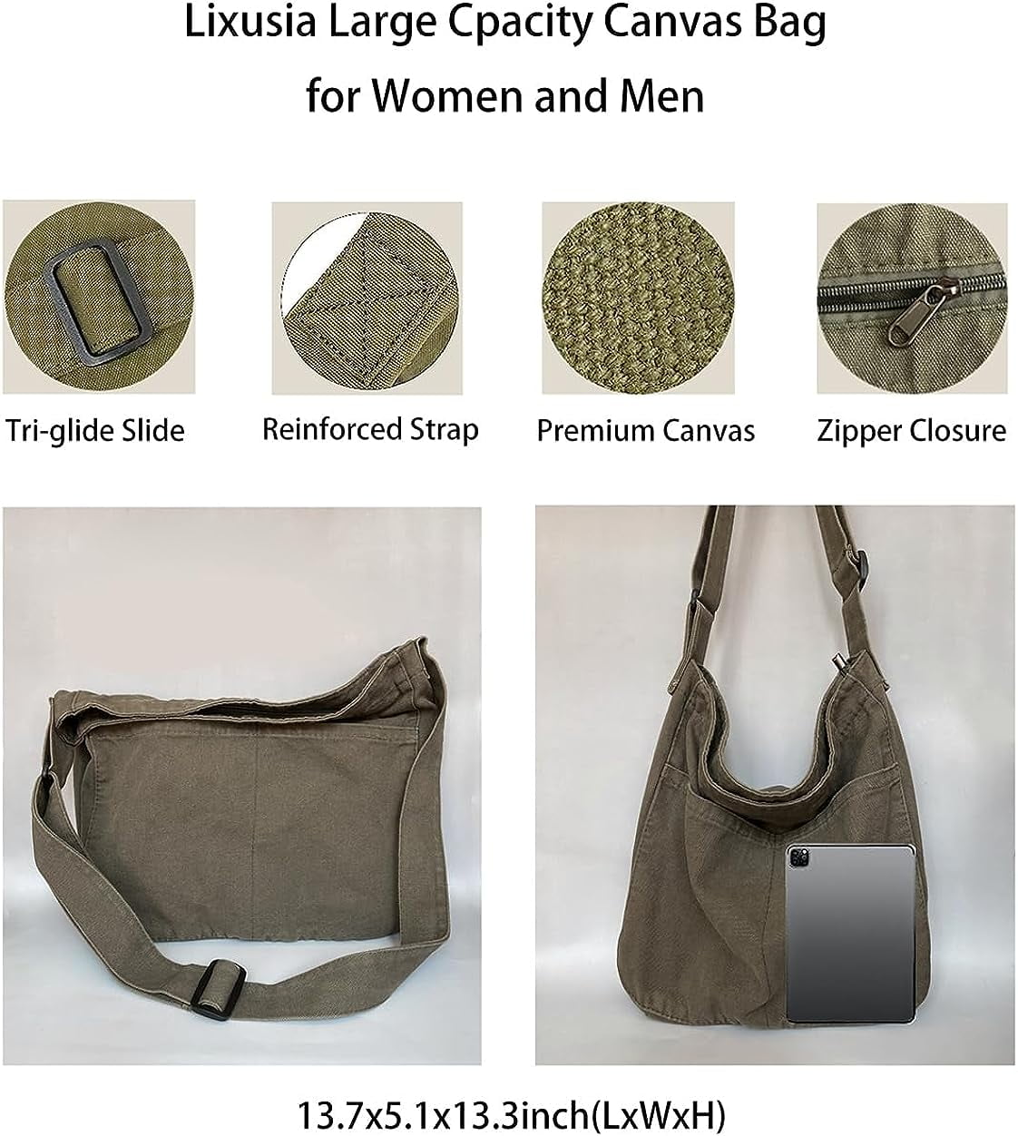 Canvas Tote Bag With Zipper - 12.6x5.9x11.4 Inches, Multi-Pocket Crossbody Shoulder Bag, Brown, Large