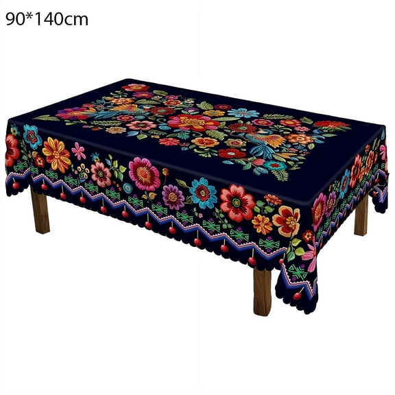 Mexican Floral Printed Tablecloth, Stain Resistant Rectangle Polyester Table Cover for Kitchen, Dining, Party, Picnic