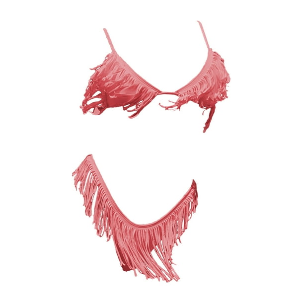 Traje de baño de bikini de cintura alta con borlas para mujer, bañador sexy con tanga tipo bandeau. Rosa S