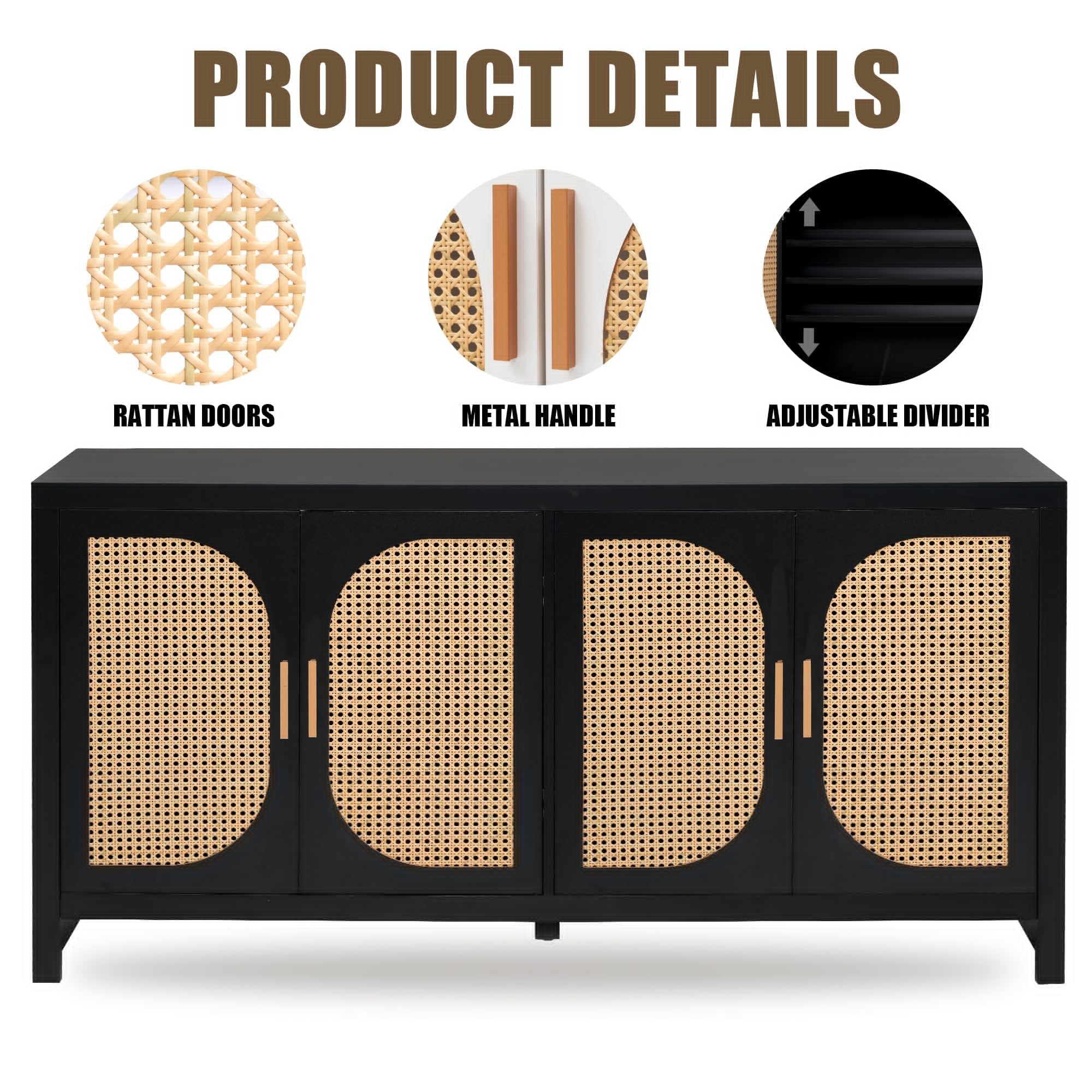 Rattan Buffet Sideboard, Kitchen Console Table with Doors, Rattan Credenza, Accent Cabinet