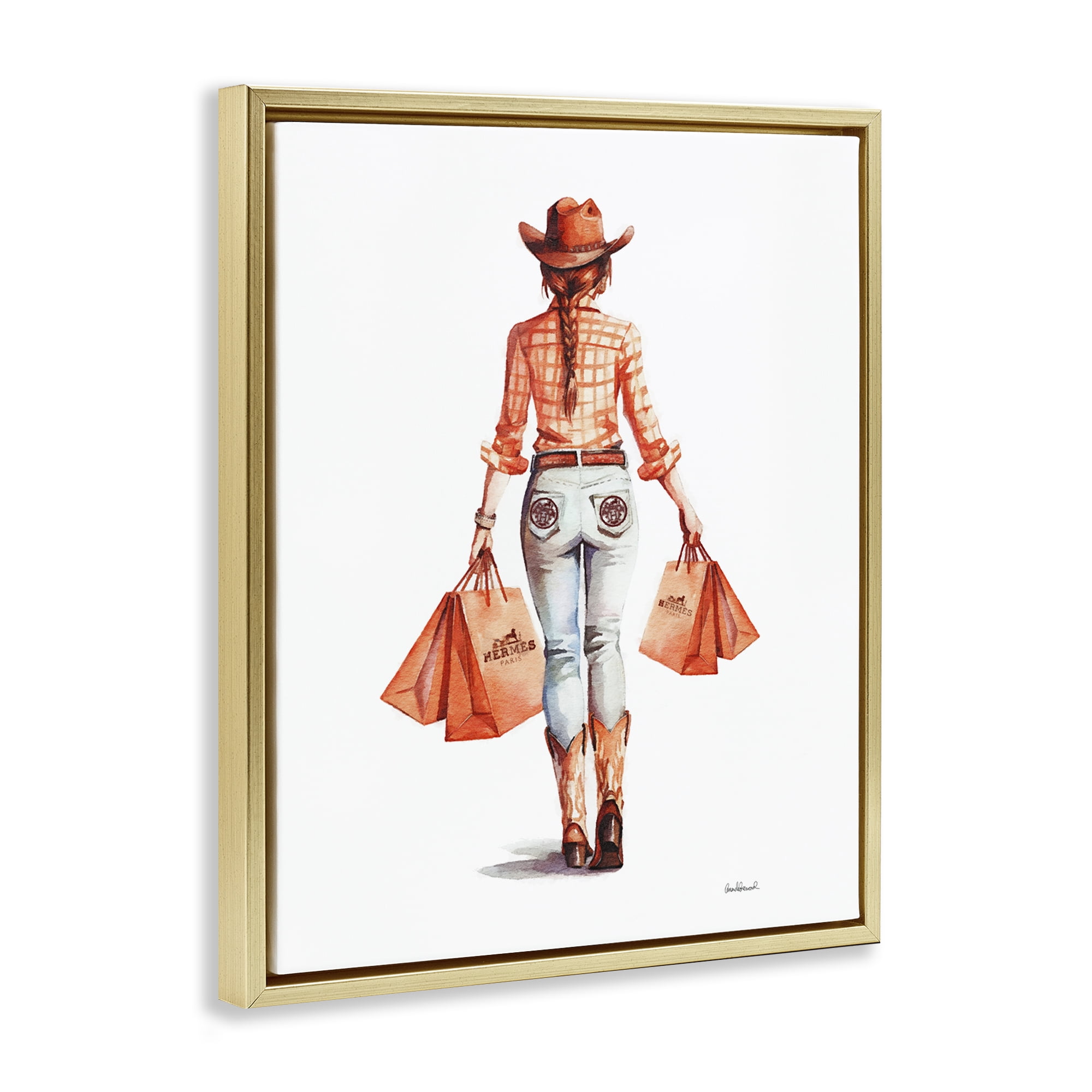 Stupell Industries Modern Chic Cowgirl People Painting Gold Floater Framed Canvas Art Print Wall Art, 17 x 21