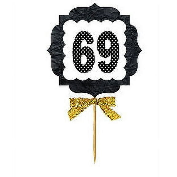 69th Birthday / Anniversary Gold Ribbon Hand Crafted Novelty Cupcake Decoration Toppers / Picks -12ct