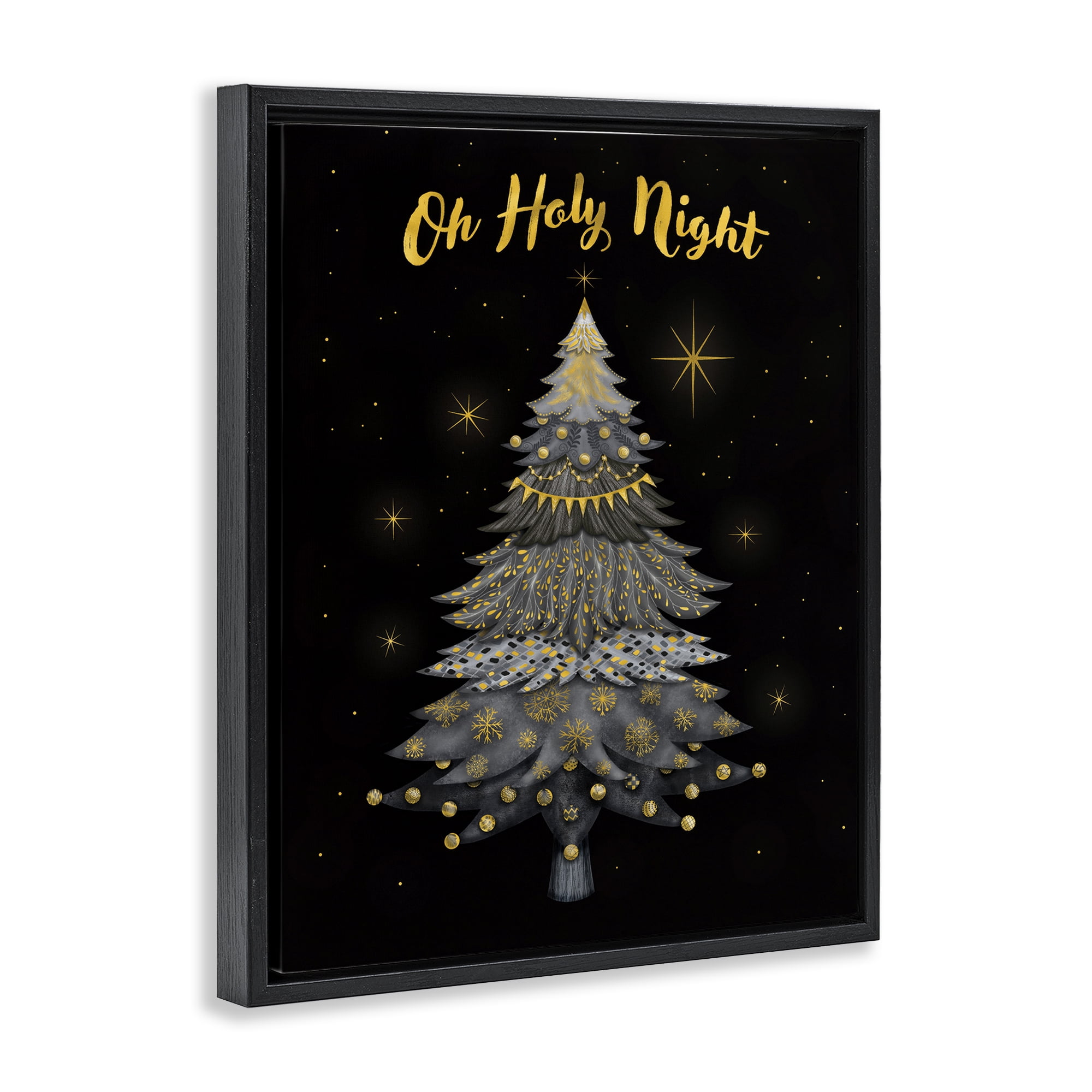 Stupell Industries Oh Holy Night Winter Tree Holiday Painting Black Floater Framed Canvas Art Print Wall Art, 25 x 31
