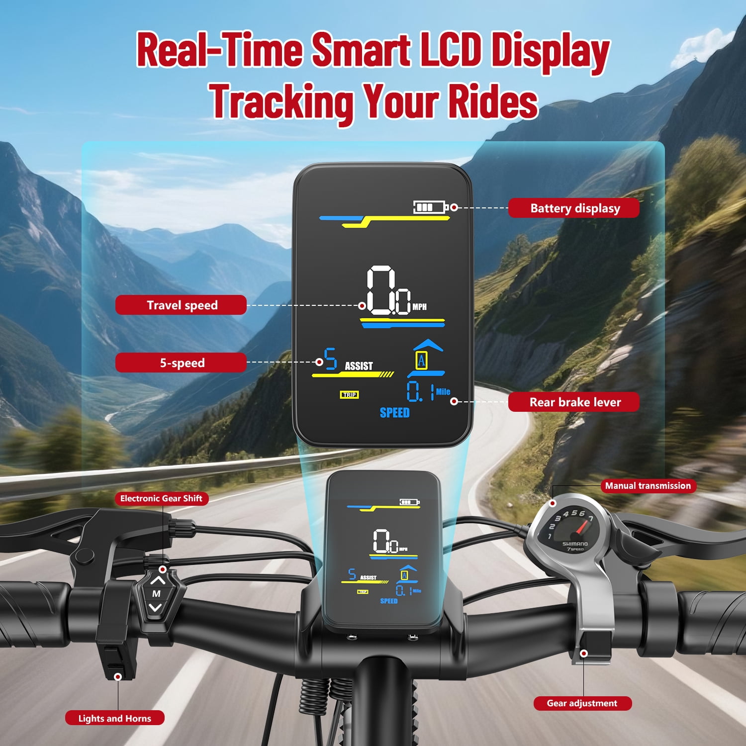 1000W Electric Bike,Moped Ebike 25mph, 36V 13Ah Battery 45 Miles Range Dual Shock & Disc Brakes,Electric Dirt Bike Fat Tires,7 Speed LCD Display,Adults Electric Bike for Mountains