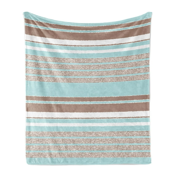 Aqua Soft Flannel Fleece Throw Blanket, Horizontal Stripes Lines Vintage Grunge Style Ocean Seem Pattern Image, Cozy Plush for Indoor and Outdoor Use, 50" x 60", Seafoam Umber and White, by Ambesonne