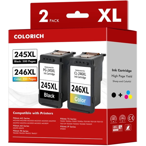 245XL Ink Cartridge Compatible for Canon Ink 245 and 246 for Canon Pixma MX492 TR4520 MG3020 MG2920 MG2924 TS3320 TS3120 MX490 MG2522 MG2922 TR4522 TR4527 TS3322 Printer,2 Pack(Black Tri-Color)