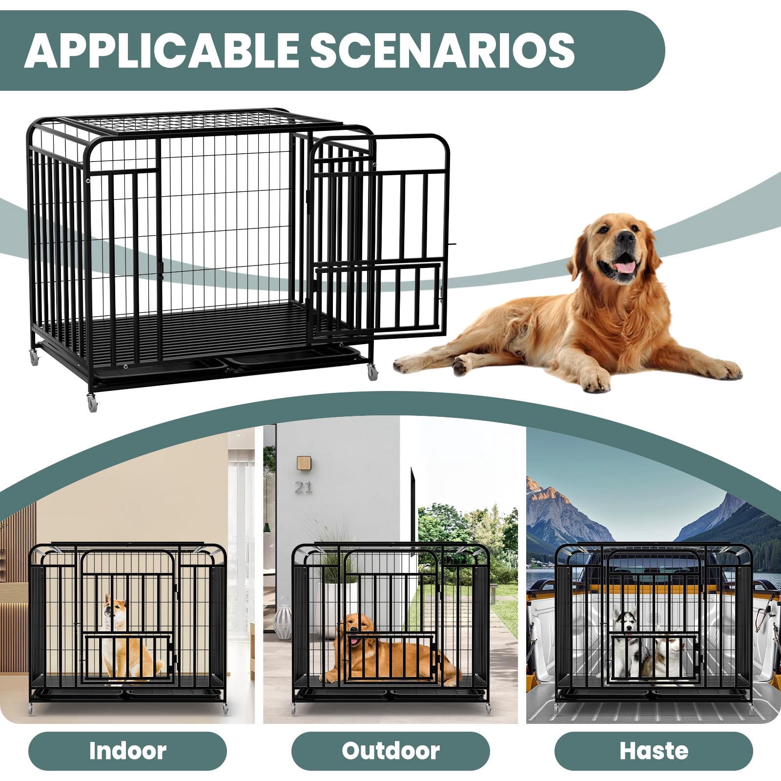 Tanfengu 42 inch Dog Crate with Removable Tray, Heavy Duty Pet Cage with Top & Front Door,Indoor Outdoor Kennel for Medium Dogs,Black