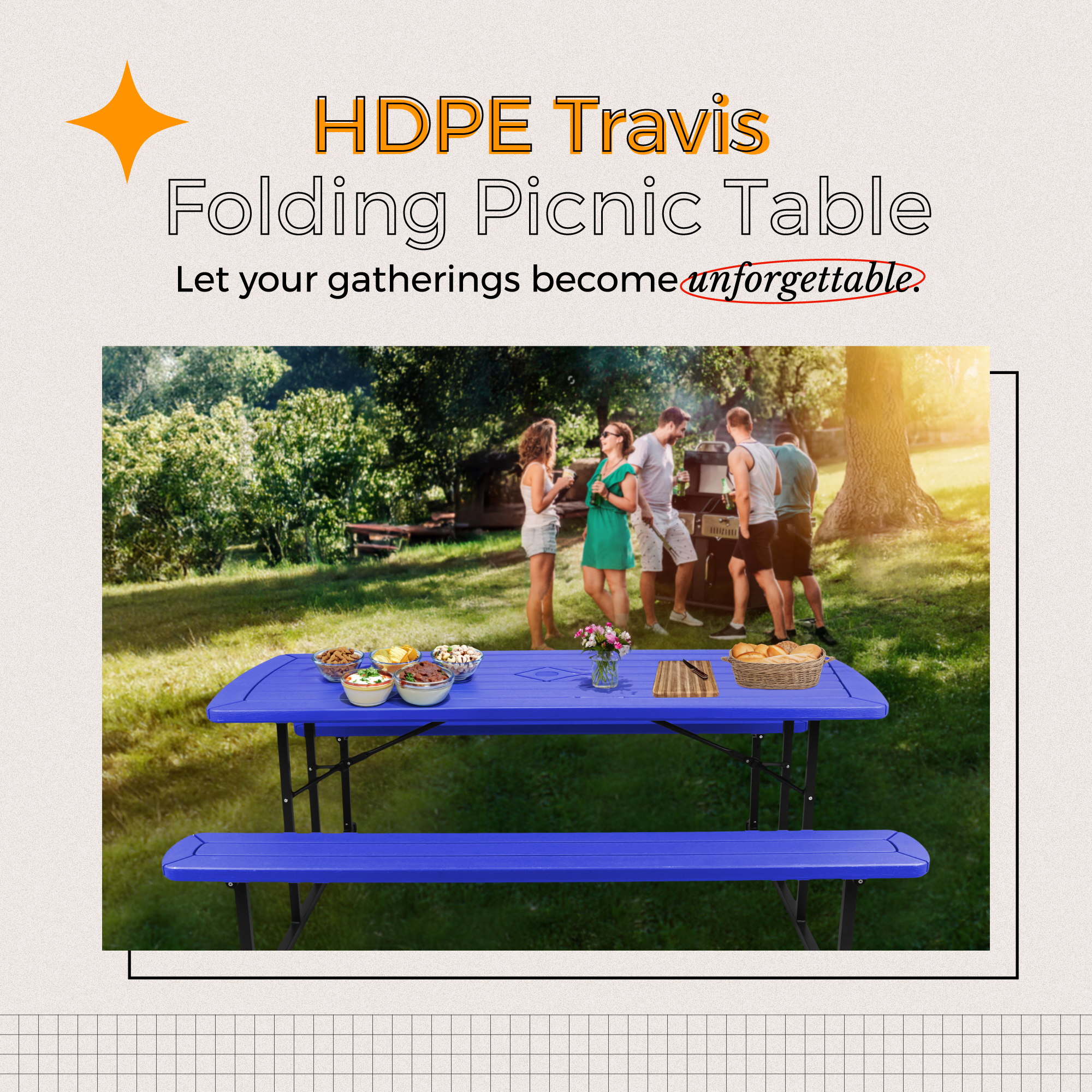 Hampden Furnishings Travis Collection Folding Picnic Table with Built-In Benches, UV-Resistant, Portable with Umbrella Hole, Blue