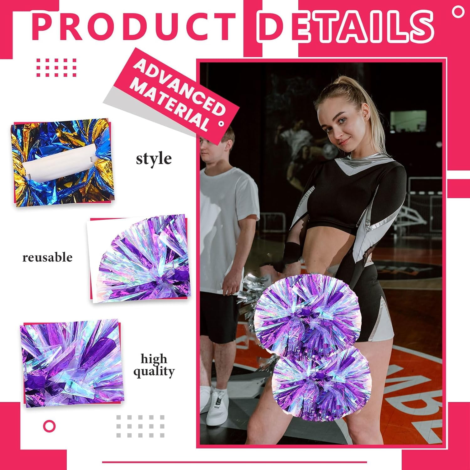 Cheerleader Pom Poms 12 Pack Sports Dance Cheering Plastic Metallic Cheerleading Pom Poms for Kids Adults