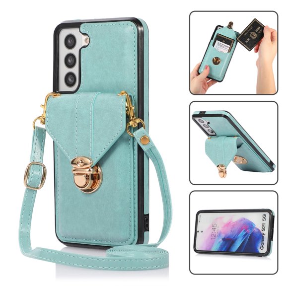 Crossbody Wallet Women Case for Samsung S21,[RFID Blocking] Credit Card Holder with Should Strap,Premium PU Leather Purse Metal Buckle Folio Flip Cover for Samsung Galaxy S21, Green