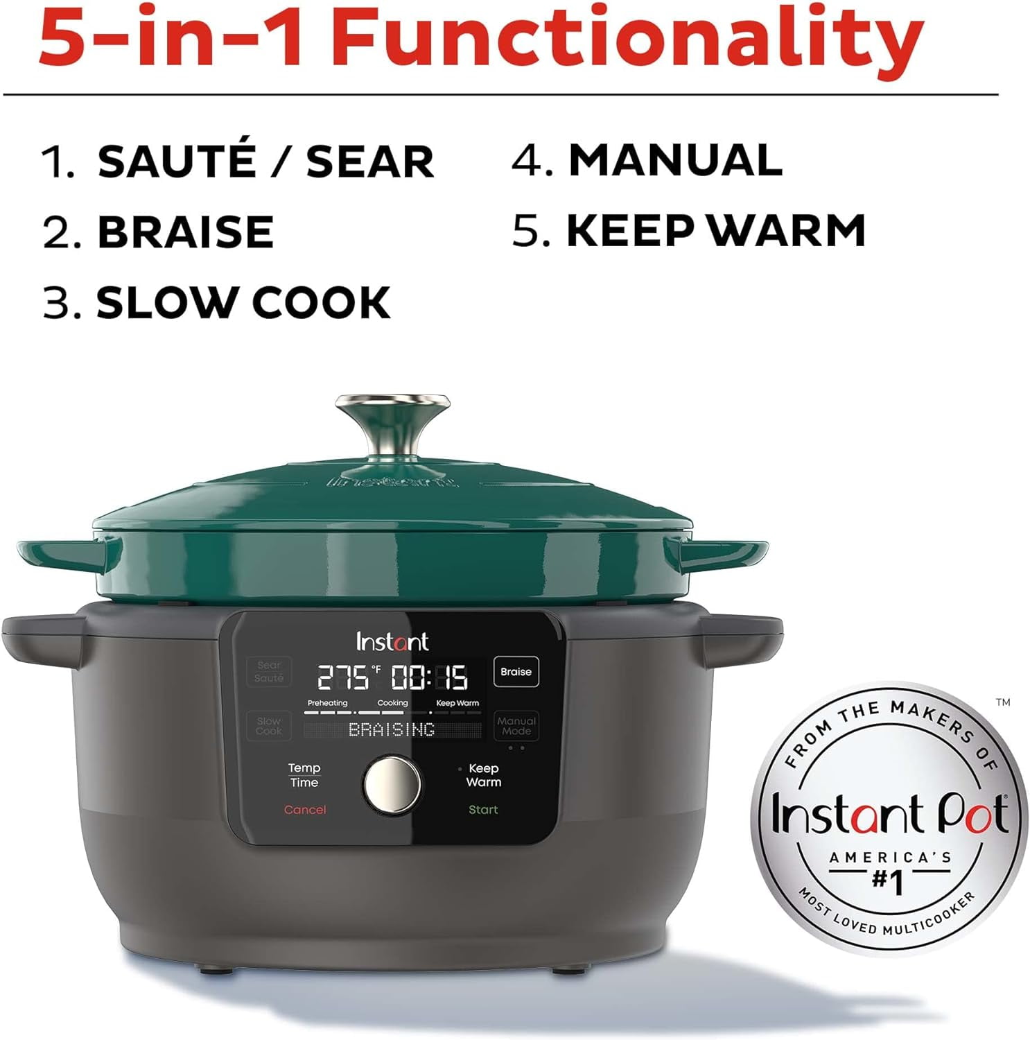Instant Electric Round Dutch Oven, 6-Quart 1500W, From the Makers of Instant Pot, 5-in-1: Braise, Slow Cook, Sear/Saut, Cooking Pan, Food Warmer, Enameled Cast Iron, Included Recipe Book, Green