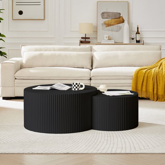 Williamspace 2-Pcs Modern Luxury Nesting Round Matte Black Wooden Coffee Table Set, Crescent/Brown