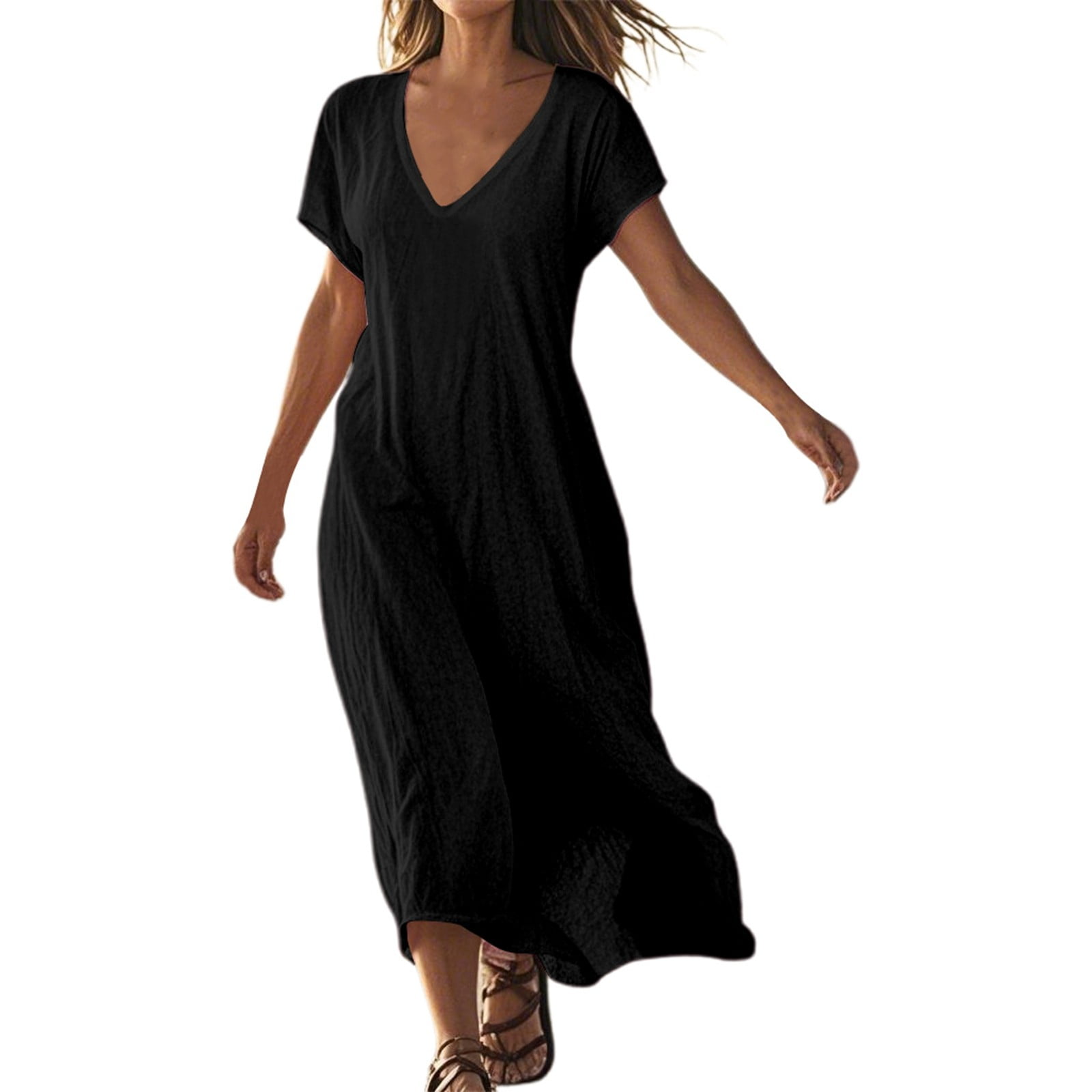 SHIXIAOO Linen V Neck Short Sleeve Loose Casual Dress for Women