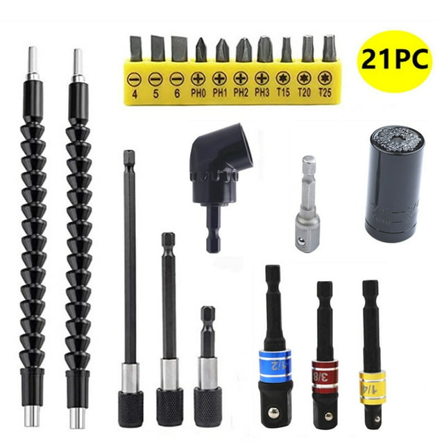 TFixol Flexible Drill Bit Extension & Universal Socket Wrench Tool Set, 105° Right Angle Drill Attachment, 1/4 3/8 1/2" Universal Socket Adapter Set, 3Pcs Screwdriver Bit Holder & Screwdriver Bit Kit
