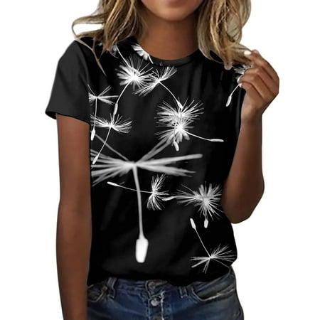 

Scrub Tops for Women Flower Printed Shirts Short Sleeve O Neck Tee T Shirt Top