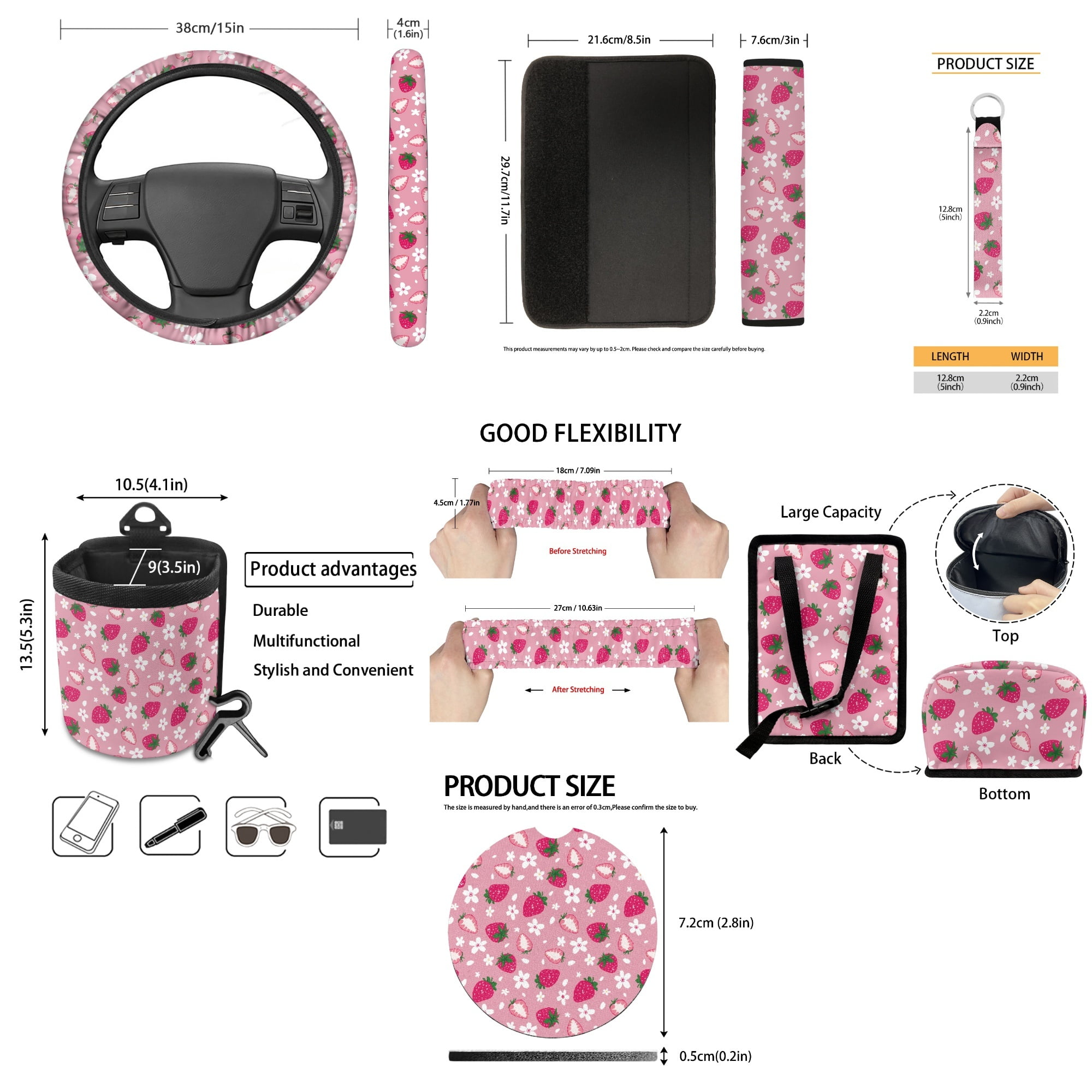 Yuyamidu Pink Strawberry Car Seat Cover Set 15 PCS Flower Steering Wheel Cover Seat Belt Cushion Pad Garbage Bag Air Vent Pocket Rearview Mirror Cover Coasters Keychain for SUV Sedan Van