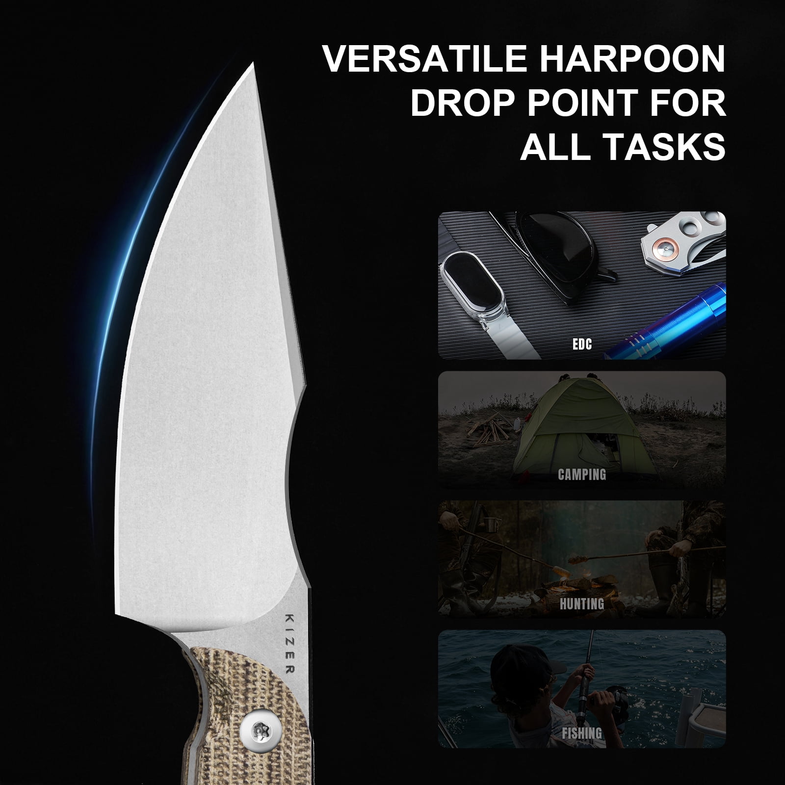 Kizer Mini Harpoon Fixed Blade Knife 3" AEB-L Blade Micarta Handle Pocket Tactical Knives 1040S7, Camping Hiking, Brown