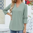 thumbnail image 5 of USNSM Women's Modest Pullover 3/4 Ruched Sleeve Length Loose Fit Tunic Blouses Hollow T Shirts Pleated Flare V Neck Tops Green XXL, 5 of 6