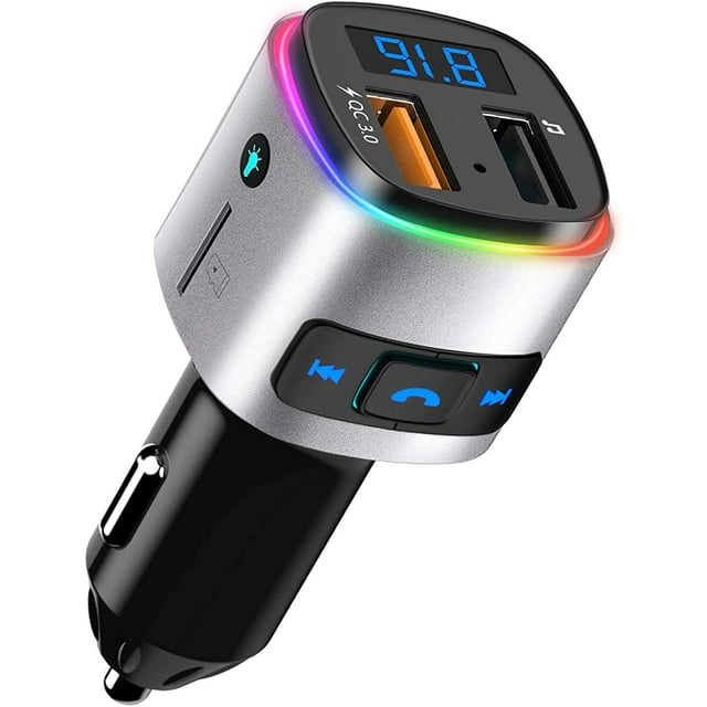 Transmisor FM, Transmisor Bluetooth 5.0 para Auto Transmisor de Radio para Auto Kit Manos Libres para Auto Reproductor MP3 Cargador de Auto QC3.0 con Pantalla LED Soporte Unidad USB