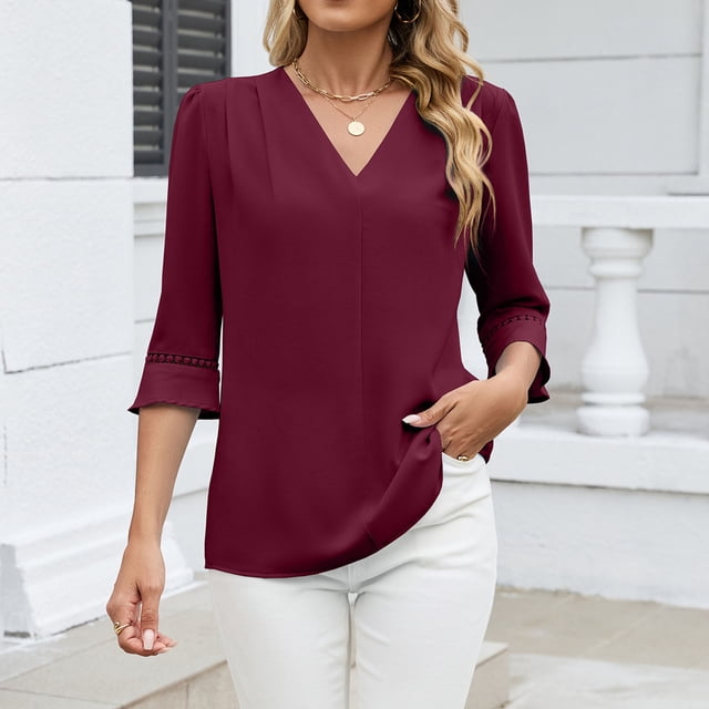 TaTaai Wrinkled 3/4 Sleeve Solid Blouse, Women's Splicing V Neck Top, Fashion Casual Garment, Suitable for Spring Summer Daily Casual Wear Gift