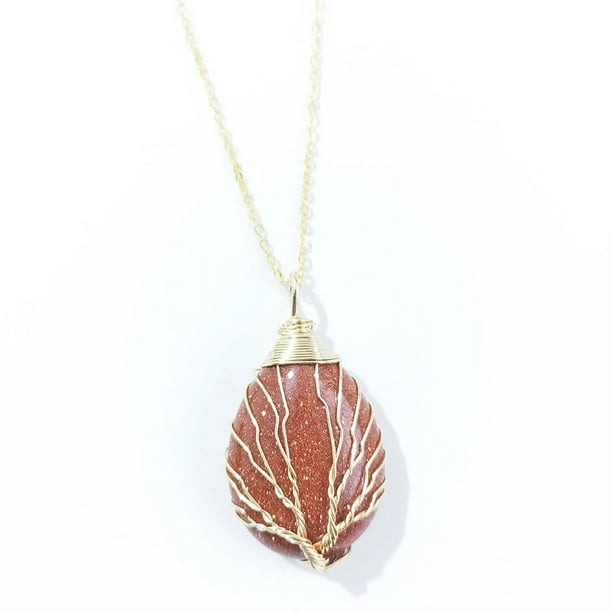 Zhuge Collar con colgante de árbol de la vida, adornos de collar para hombres y mujeres hechos a mano, collar con colgante de gota de agua de árbol de la vida envuelto en oro (rojo)